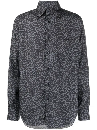 Tom Ford Leopard-print Long-sleeve Shirt In 灰色