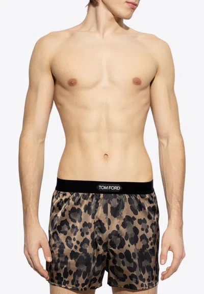 Tom Ford Leopard Print Silk Boxer Shorts In Brown