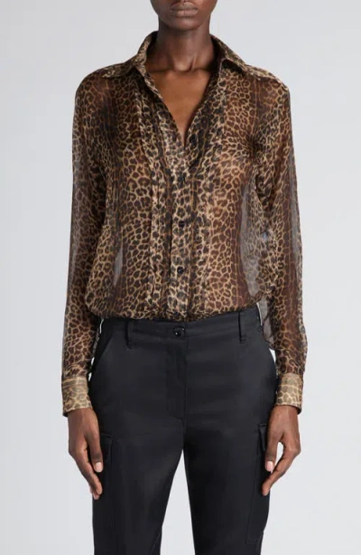 Tom Ford Leopard Print Silk Chiffon & Crepe Shirt In Leopard Brown/black