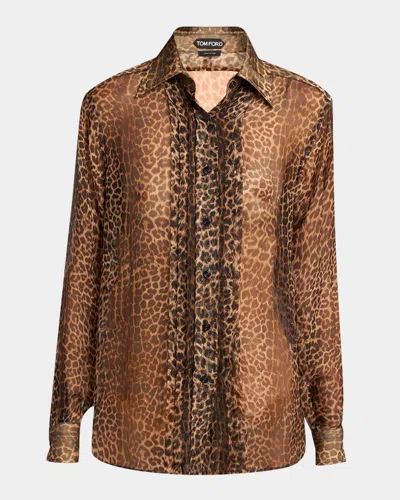 Tom Ford Leopard-print Silk Chiffon Creponne Shirt In Leopard Br