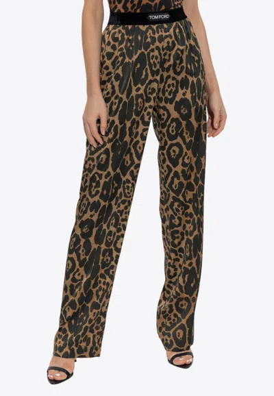 Tom Ford Leopard Print Silk Pajama Pants In Brown
