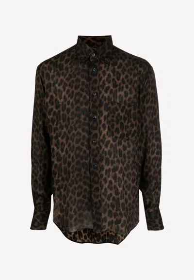 Tom Ford Leopard-print Silk Shirt In Brown