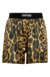Tom Ford Multicolor Shorts With Patch Logo On The Waist And All-over Leopard Print In Silk Stretch W In Kb359 Camel