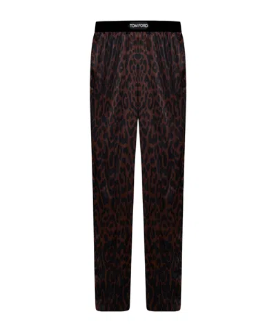 Tom Ford Leopard Printed Satin Pajama Trousers In Black
