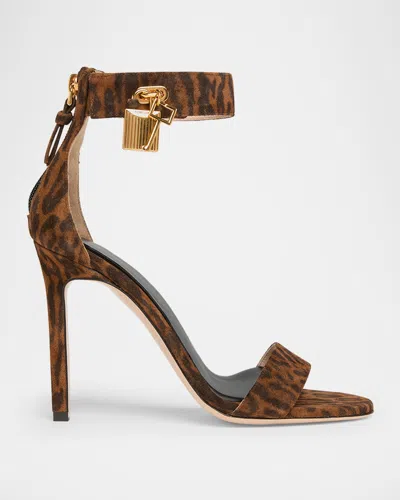 Tom Ford Leopard Suede Stiletto Sandals With Padlock In Brown