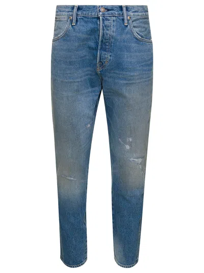 TOM FORD TOM FORD LIGHT BLUE 5-POCKET STYLE JEANS WITH RIPS AND LOGO PATCH IN COTTON DENIM MAN