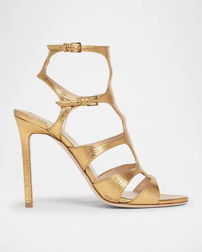 Tom Ford Lizard-printed Leather Caged Sandals In Gold
