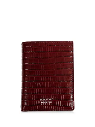 Tom Ford Lizard Embossed T-line Folding Card Holder In Burgundy