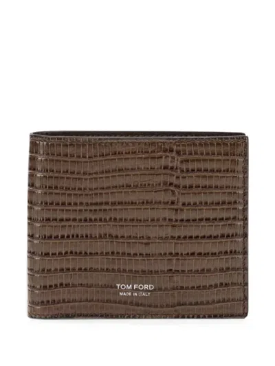 Tom Ford Tejus T Line Bifold Crocodile Embossed Wallet In Caramel
