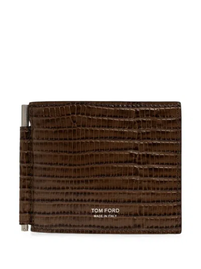Tom Ford Lizard-effect Money-clip Wallet In Brown