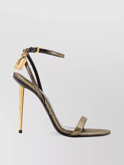 Tom Ford Lock Logoed Laminated Leather Stiletto Sandals In Brown