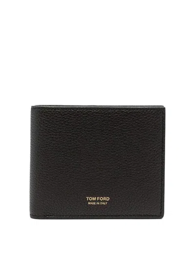 Tom Ford Soft Grain Leather T Line Classic Bifold Wallet In Black