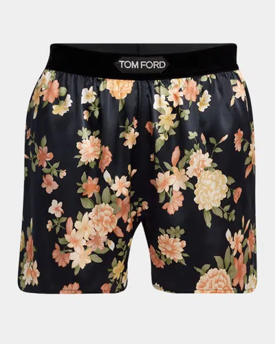 Tom Ford Logo Band Floral Stretch Silk Pajama Shorts In Multicolor