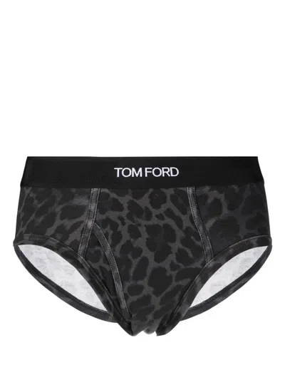Tom Ford Logo-band Leopard-print Briefs In Grey