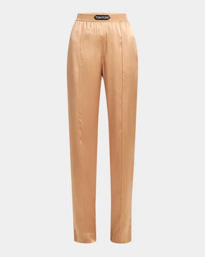 Tom Ford Logo-banded Silk Pj Pants In Beige