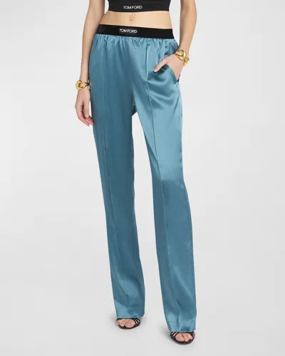 Tom Ford Logo-banded Silk Pj Pants In Blue