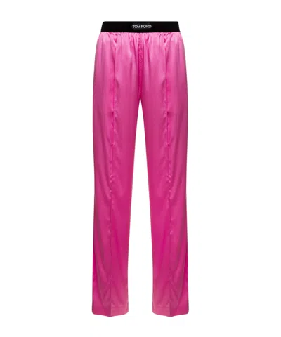 Tom Ford Fuchsia Satin Pants With Logo On Waistband In Stretch Silk Woman In Purple