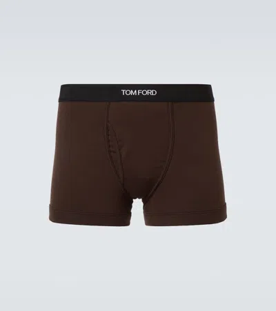 Tom Ford Logo Cotton-blend Boxer Briefs In Brown