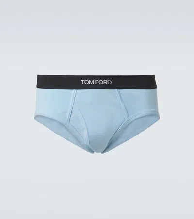 Tom Ford Logo Cotton-blend Briefs In Blue