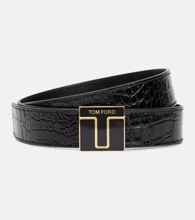 Tom Ford Logo Croc-effect Patent Leather Belt In Black