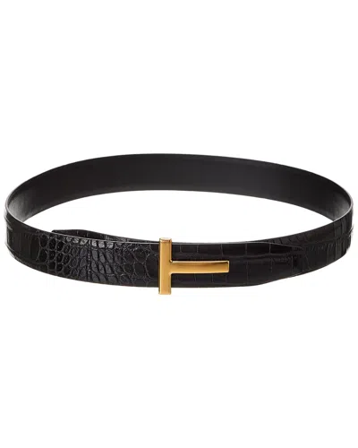 Tom Ford Logo Croc-embossed Leather Belt In Black
