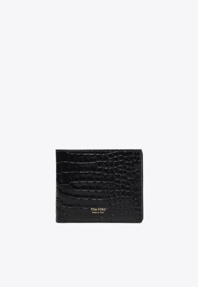 Tom Ford Logo Croc-embossed Leather Wallet In Black