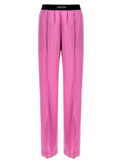 Tom Ford Fuchsia Satin Pants With Logo On Waistband In Stretch Silk Woman In Purple