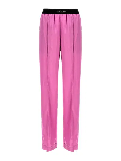 Tom Ford Fuchsia Satin Pants With Logo On Waistband In Stretch Silk Woman In Purple