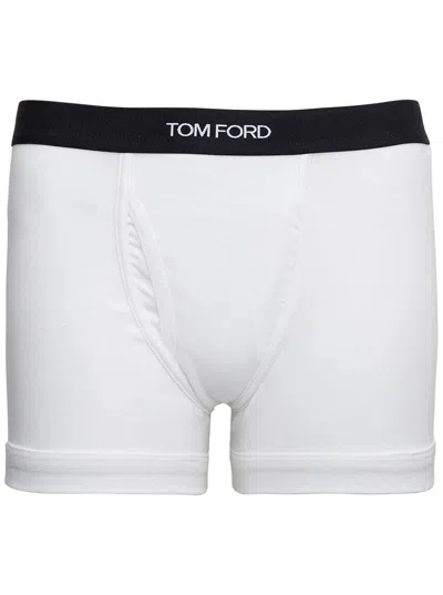Tom Ford Logo Elastic Waist Cotton Boxer Shorts In White