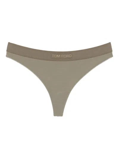 Tom Ford Logo-embroidered Thong In Brown