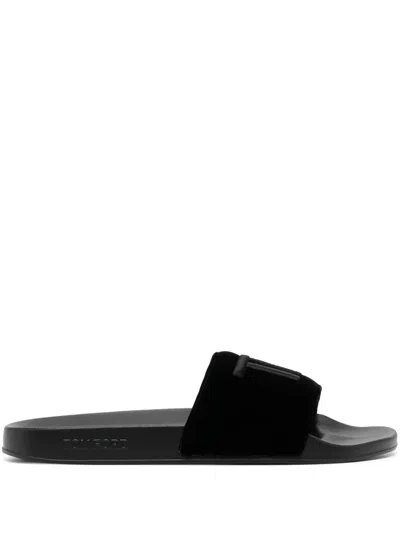 Tom Ford Logo-embroidered Velvet Slides In Black