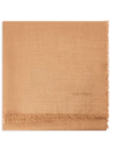 Tom Ford Logo-embroidered Wool-blend Scarf In Neutrals