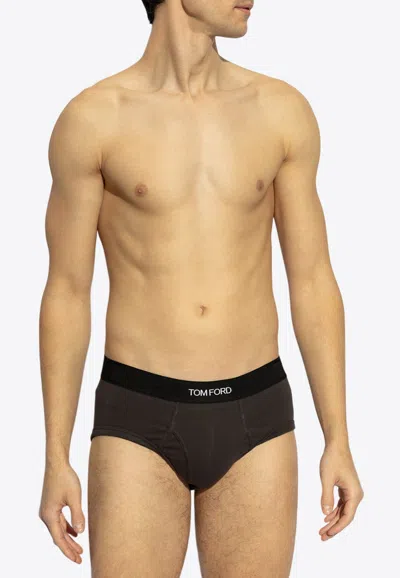 Tom Ford Logo Jacquard Stretch Briefs In Brown