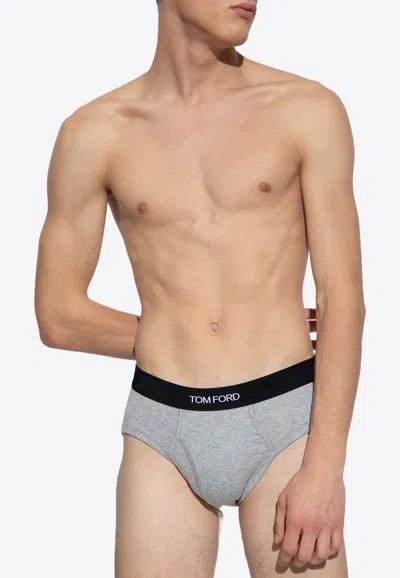 Tom Ford Logo Jacquard Stretch Briefs In Gray