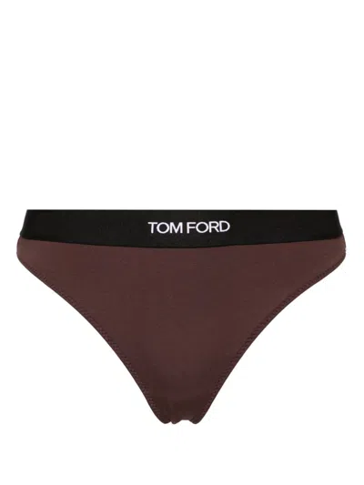 Tom Ford Logo-jacquard Thong In Brown