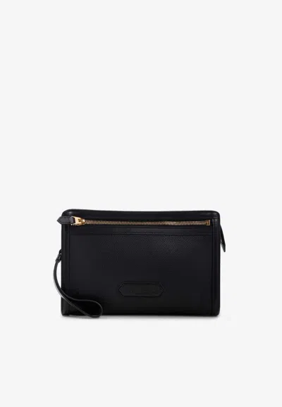 Tom Ford Logo Leather Zipped Pouch In Black