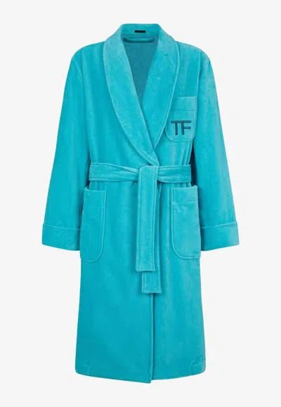 Tom Ford Logo Long-sleeved Robe In Blue