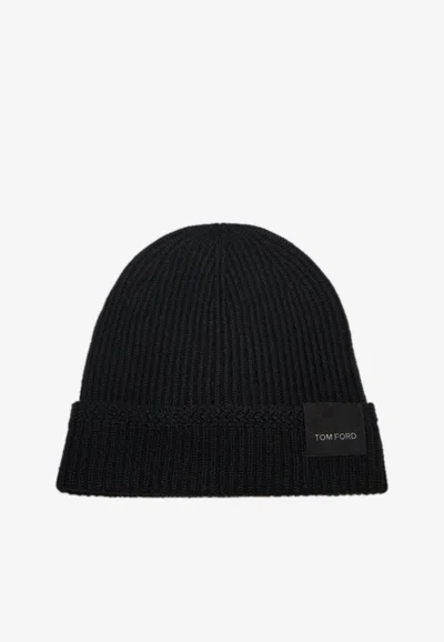 Tom Ford Logo Patch Cashmere Beanie In Black