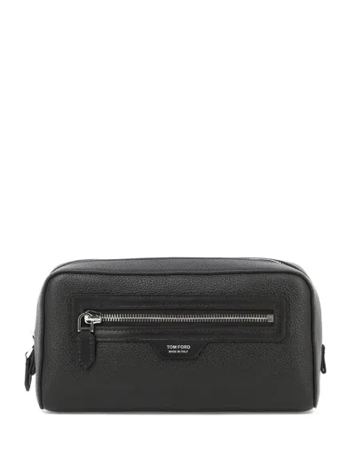 Tom Ford Mens Black Branded Zipped Leather Wash Bag