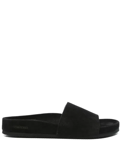 Tom Ford Logo-perforated Slides In Black