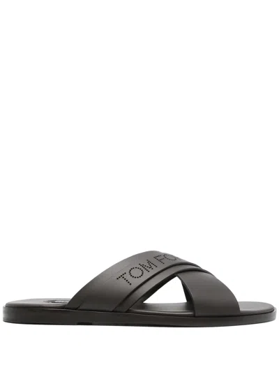 Tom Ford Logo-perforated Slides In Brown