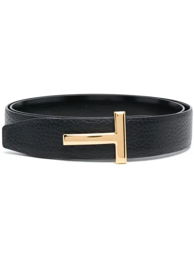 Tom Ford Calfskin Textured Leather Adjustable Belt In Black