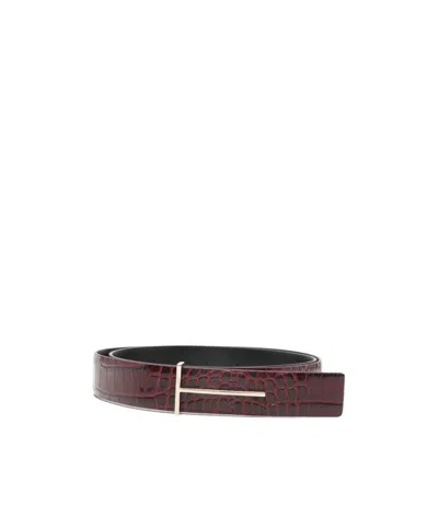 Tom Ford Logo Plaque Embossed Belt In Burgundy