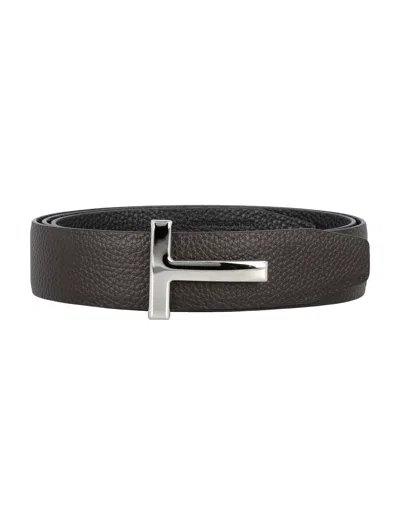 Tom Ford Logo-plaque Leather Belt In Gray