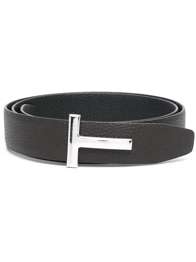 Tom Ford Logo-plaque Leather Belt In Brown
