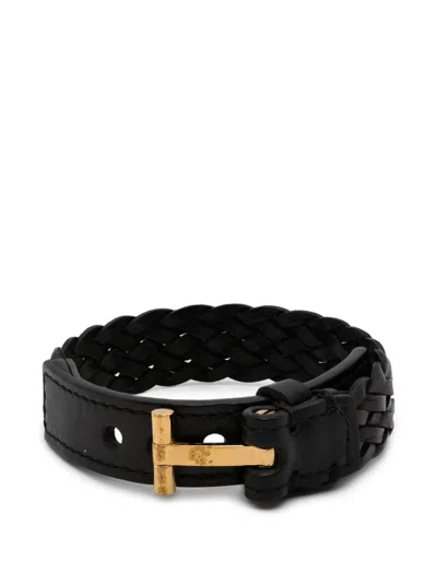 Pre-owned Tom Ford Logo-plaque Leather Bracelet In Black