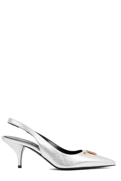 Tom Ford Logo-plaque Slingback Pumps In Silver
