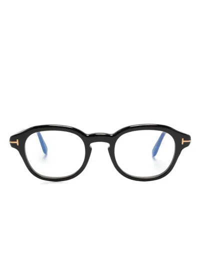 Tom Ford Logo-plaque Round-frame Glasses In Black
