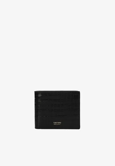 Tom Ford Logo Print Cardholder In Croc-embossed Leather In Black