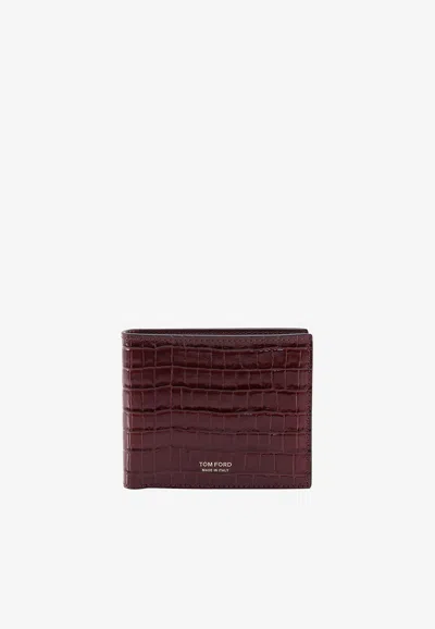 Tom Ford Logo Print Cardholder In Croc-embossed Leather In Brown